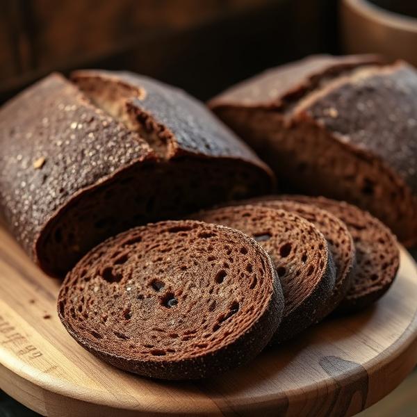 Aufgeschnittenes dunkles Roggenbrot auf einem Holzbrett