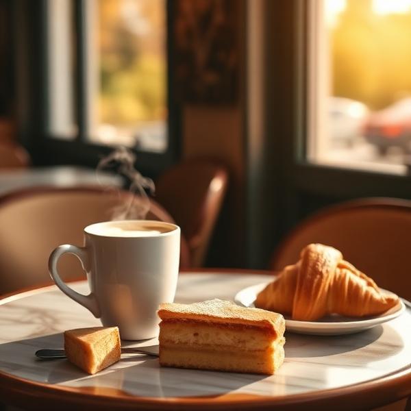 Cappuccino und Gebäck auf einem Cafétisch