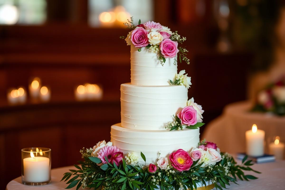 Elegante mehrstöckige Hochzeitstorte mit frischen Blüten